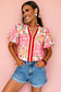 Pink Contrast Collared V Neck Short Sleeve Floral Blouse