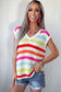 Multicolour Striped Eyelet Knit V Neck Sweater Tee