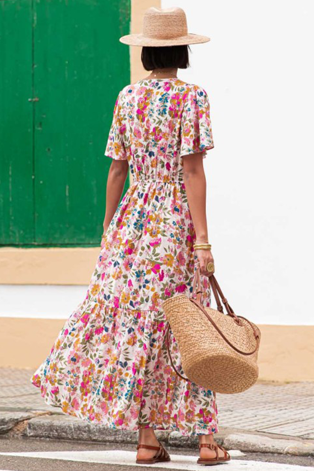 Red Floral Short Sleeve V Neck High Waist Maxi Dress