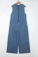 Dusk Blue Acid Wash Pintuck Tie V Neck Denim Wide Leg Jumpsuit