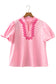 Pink Boho Embroidered Detail Puff Sleeve Cotton Blouse