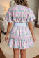 White Floral Print Striped Contrast Trim Belted Short Dress