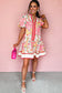 Pink Color Block Floral Print Contrast Trim V Neck Ruffle Hem Mini Dress