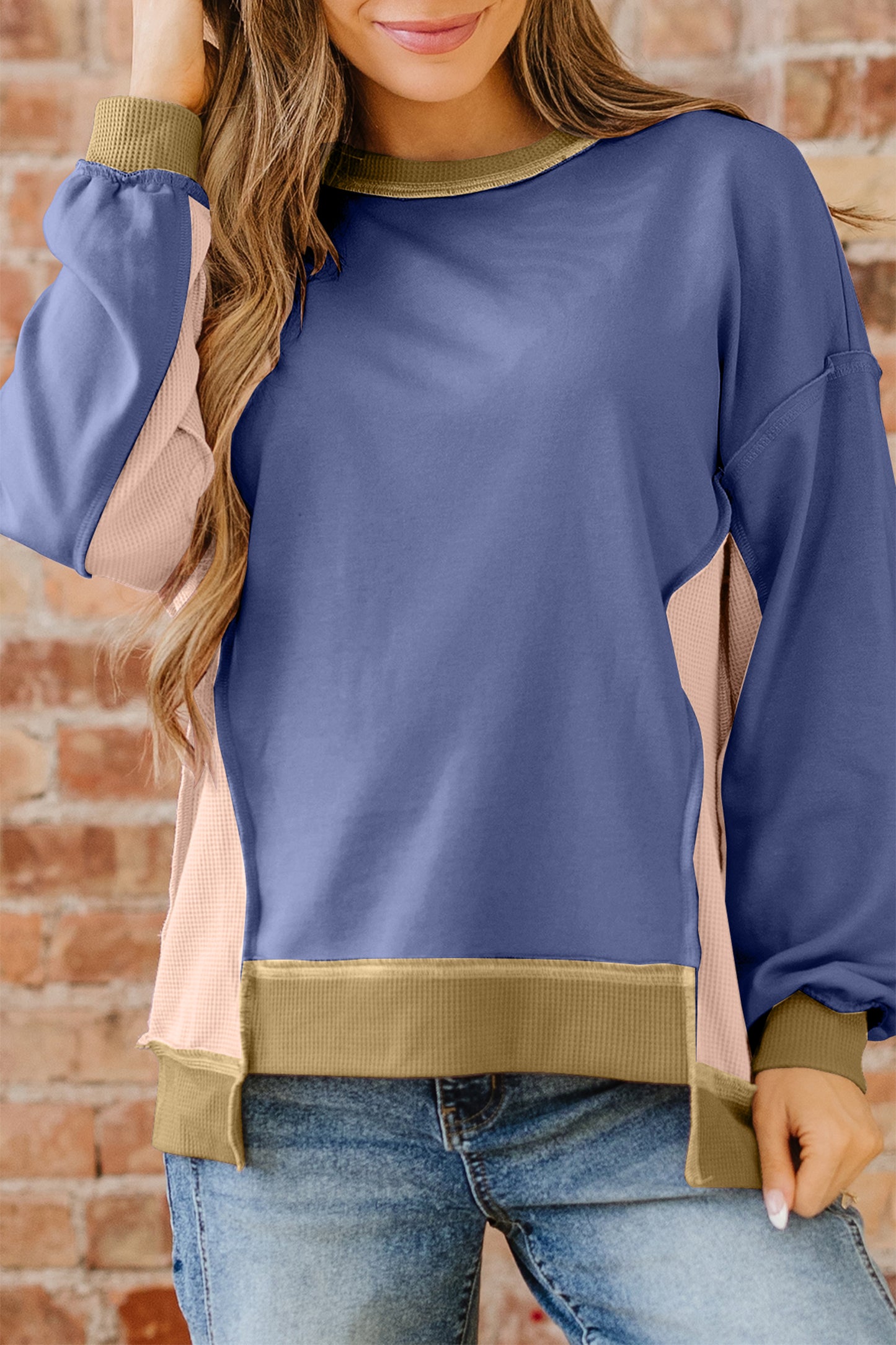 Light Pink Color Block Mix Texture Waffle Patchwork Oversize Sweatshirt