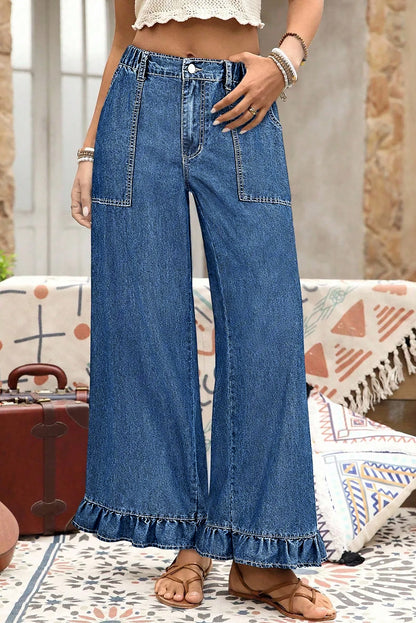 Dirty blue Plus Size Elastic Waist Ruffled Wide Leg Denim Pants