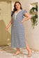 Blue Stripe Plus Size Contrast Trim Button V Neck Ruffle Sleeve Shift Dress