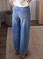 Beau Blue Solid Patchwork Grommet Tie Waist Loose Ankle-Length Jeans