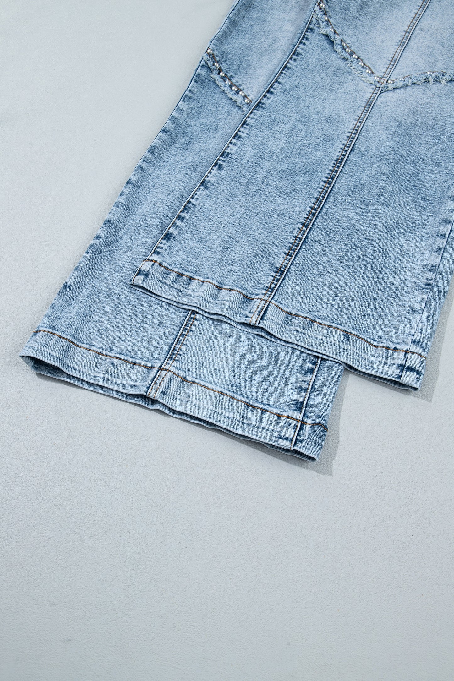 Beau Blue Frayed Studded Detail Wide Leg Pocketed Jeans