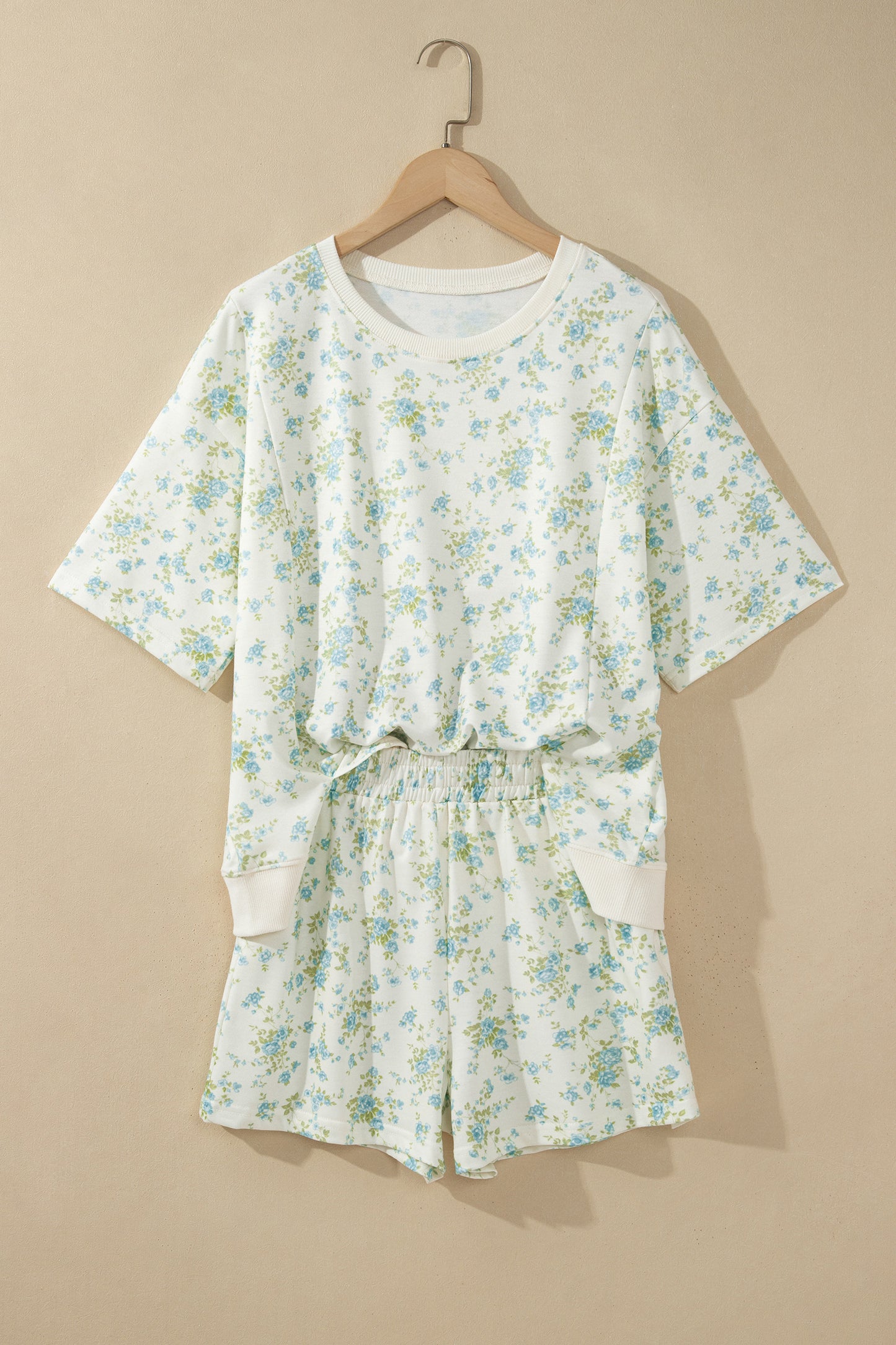 Sky Blue Floral Print Short Sleeve Elastic Waist Pocket Casual Two Piece Short Sets