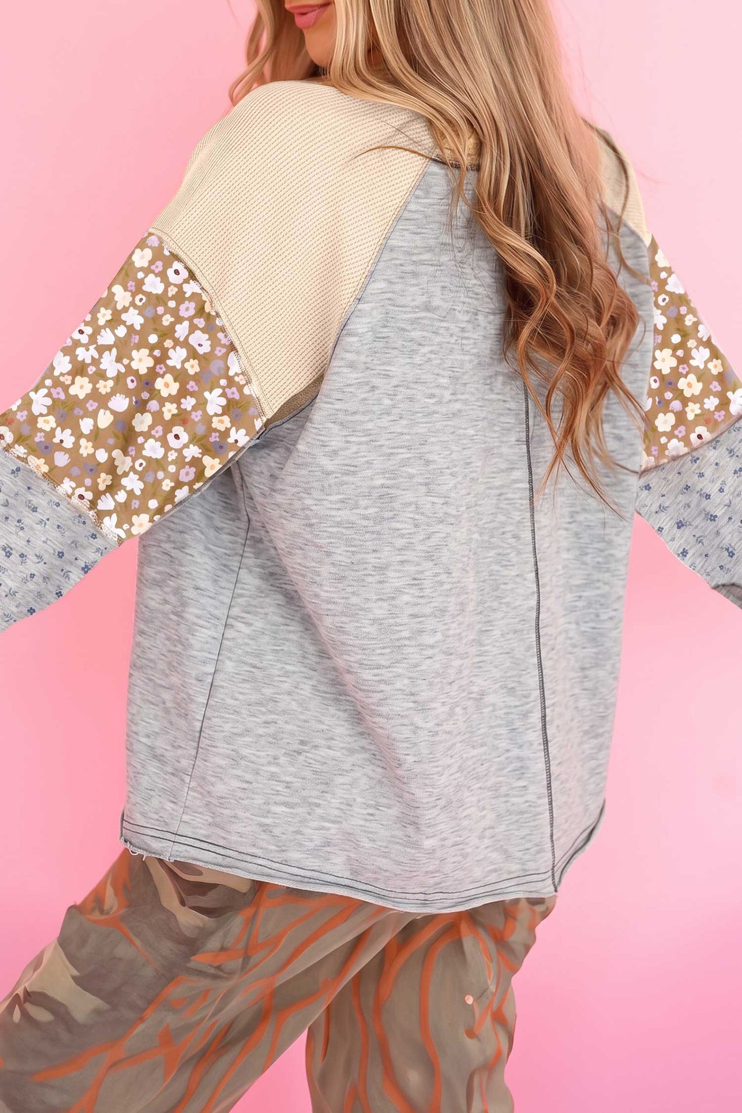 Apricot Pink Color Block Floral Waffle Mixed Patchwork Long Sleeve Top