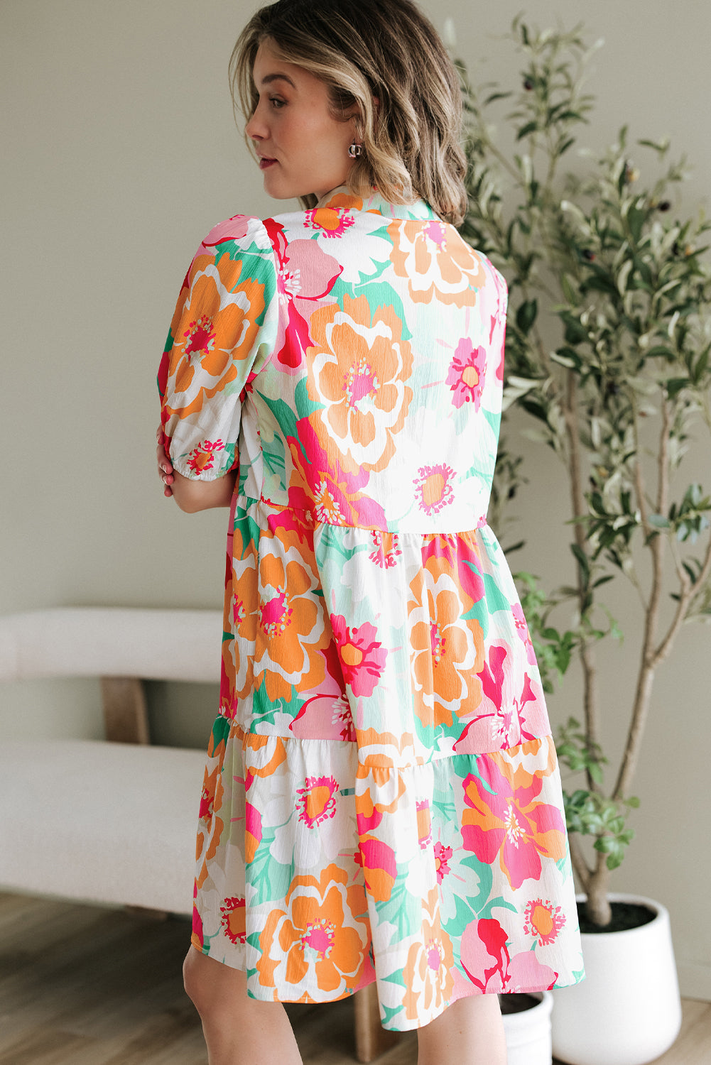 Green Floral Puff Sleeve Collar Buttoned Babydoll Dress