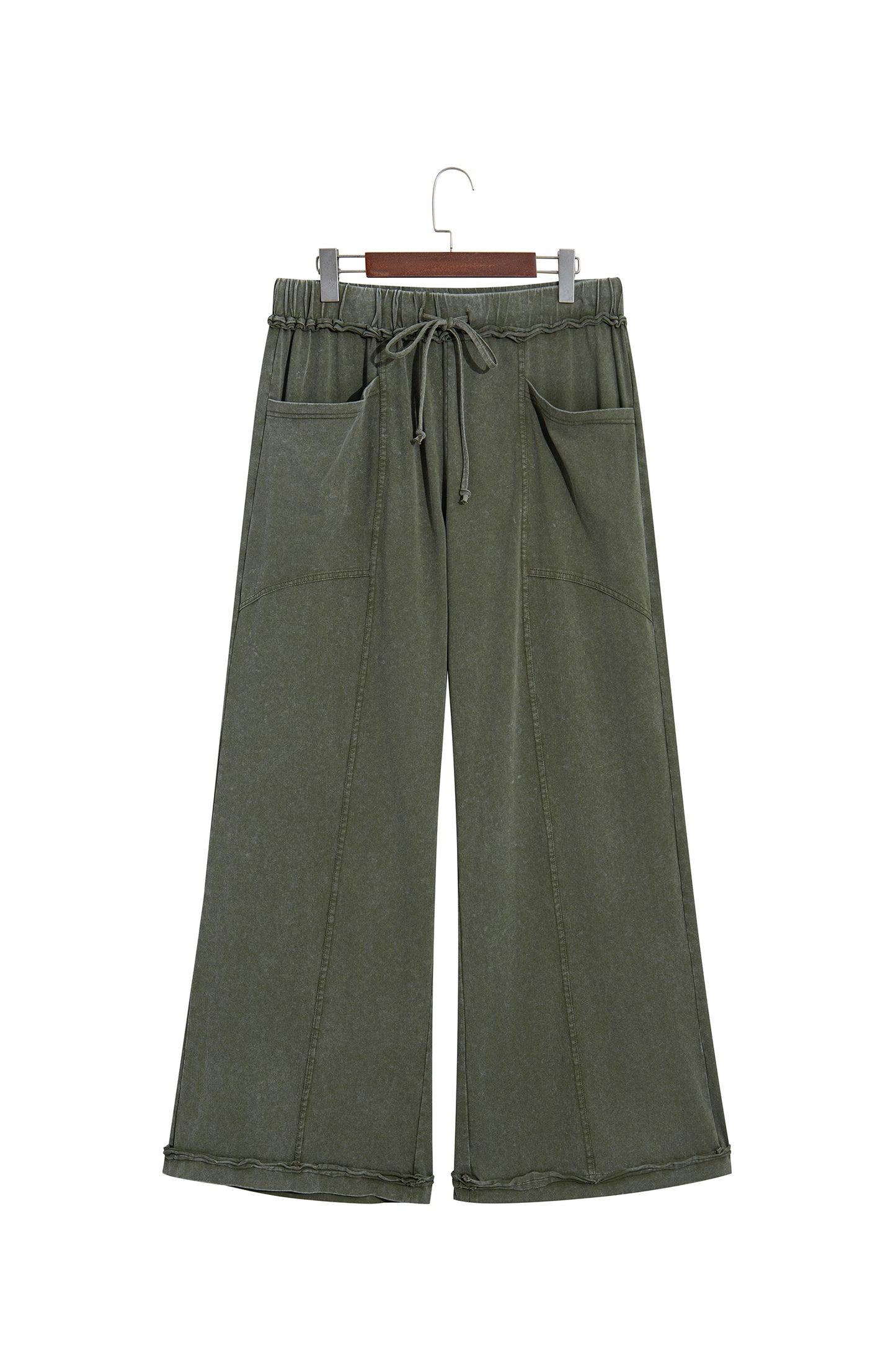 Jungle Green Mineral Wash Seam Detail Flare Leg Drawstring Pants
