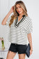 Black Stripe Stand Collar V Neck Elastic Cuffs Half Sleeve Dolman Top