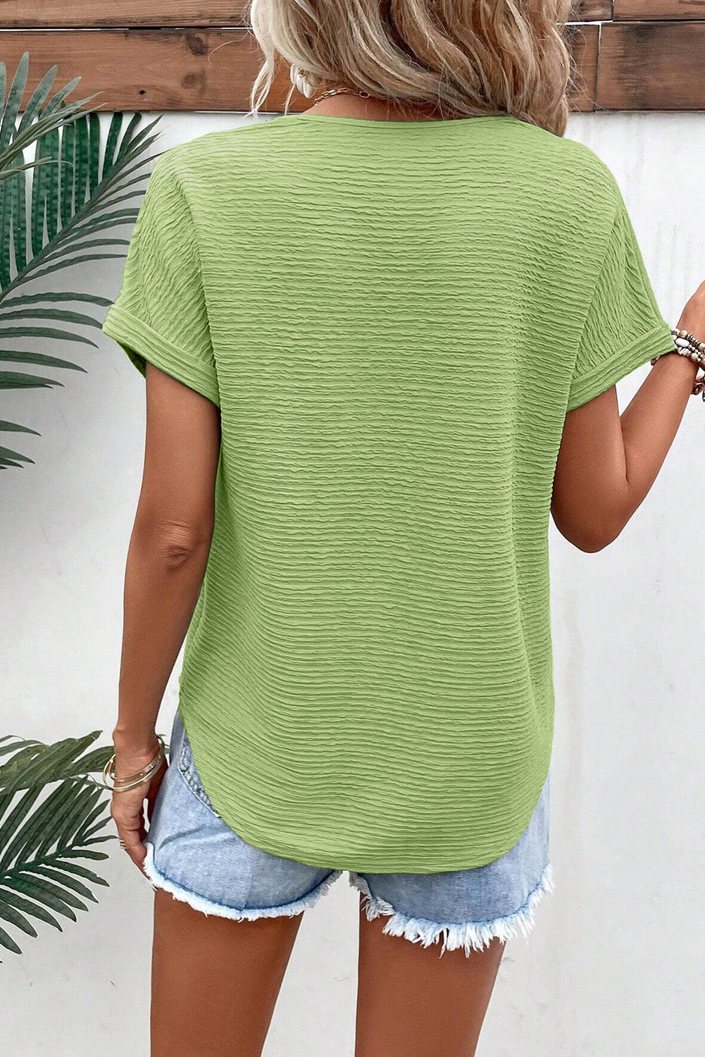 Beau Blue Textured Wide Sleeve V Neck T Shirt