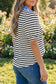 Black Stripe Short Puff Sleeve Color Block Polo Collar Blouse