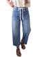 Beau Blue Solid Patchwork Grommet Tie Waist Loose Ankle-Length Jeans