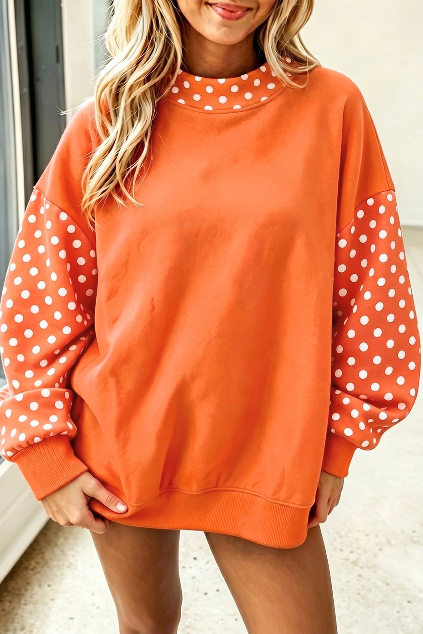 Fiery Red Polka Dot Contrast Round Neck Long Sleeve Baggy Sweatshirt