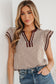 Khaki Stripe Double Ruffled Short Sleeve V Neck Blouse