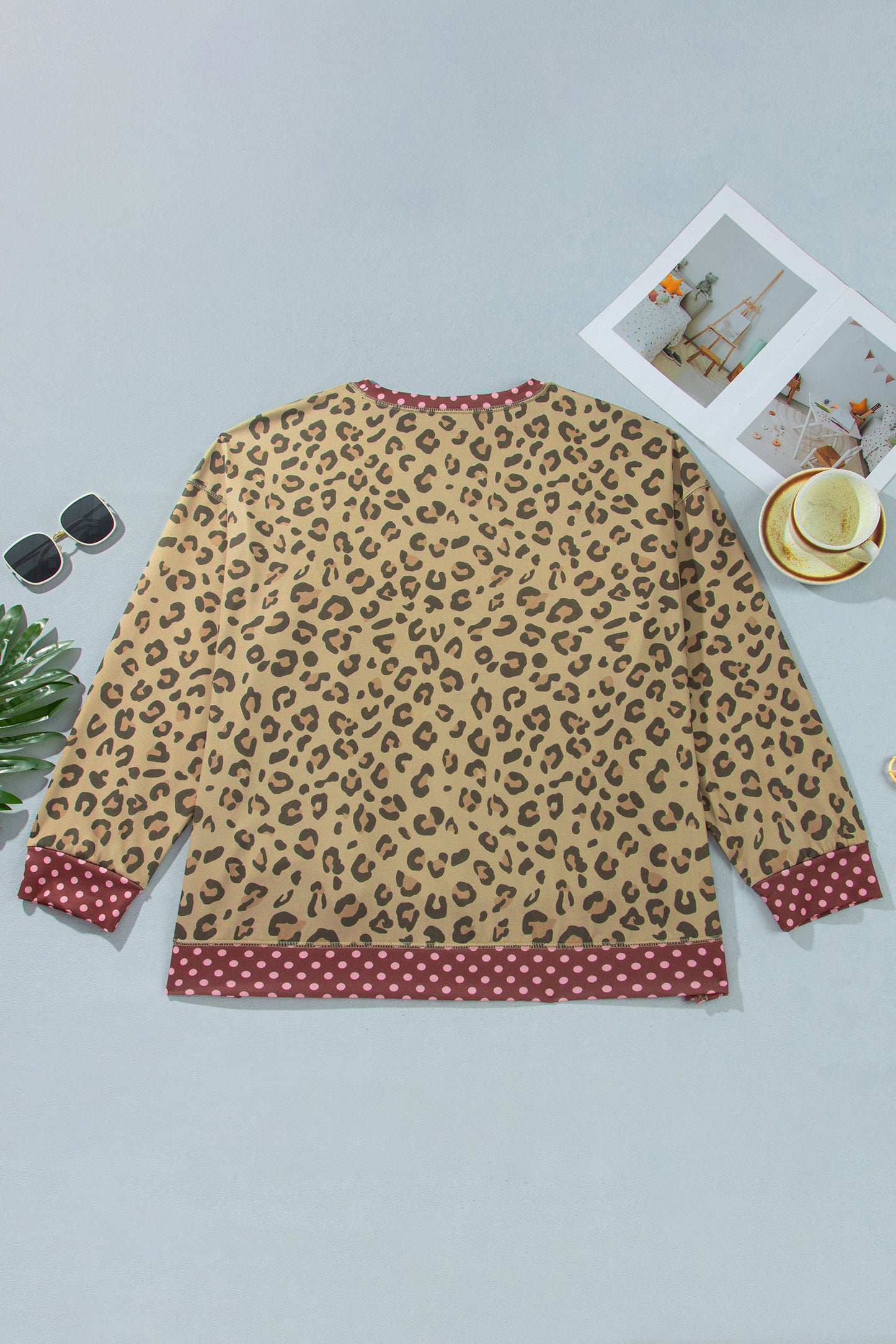 Brown Plus Size Leopard Print Contrast Polka Dot Trim Long Sleeve Top