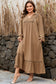 Chestnut Smocked V Neckline Leopard Piping Accent Bracelet Plus Size Long Dress