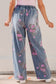 Beau Blue Floral Print Elastic Waist Pull On Casual Jeans