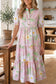 Pink Floral Print Short Puff Sleeve High Waist Tiered Maxi Dress