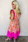 Rose Floral Print Color Block Ruffled Short Sleeve Flared Midi Dress