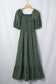 Green Plaid Square Neck Shirred High Waist Ruffle Hem Dress