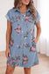 Sky Blue Denim Floral Print Cuffed Short Sleeve Button Down Shift Dress