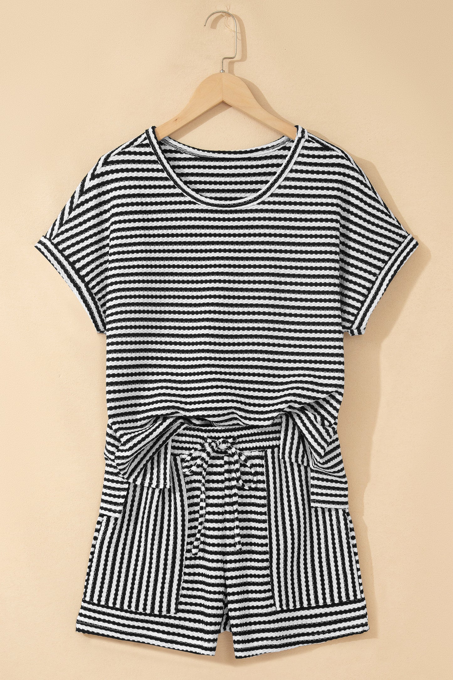 Brown Stripe Breathable Textured Knit Short 2pcs Set