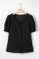 Black Solid Color Textured Notched Neck Puff Sleeve Blouse