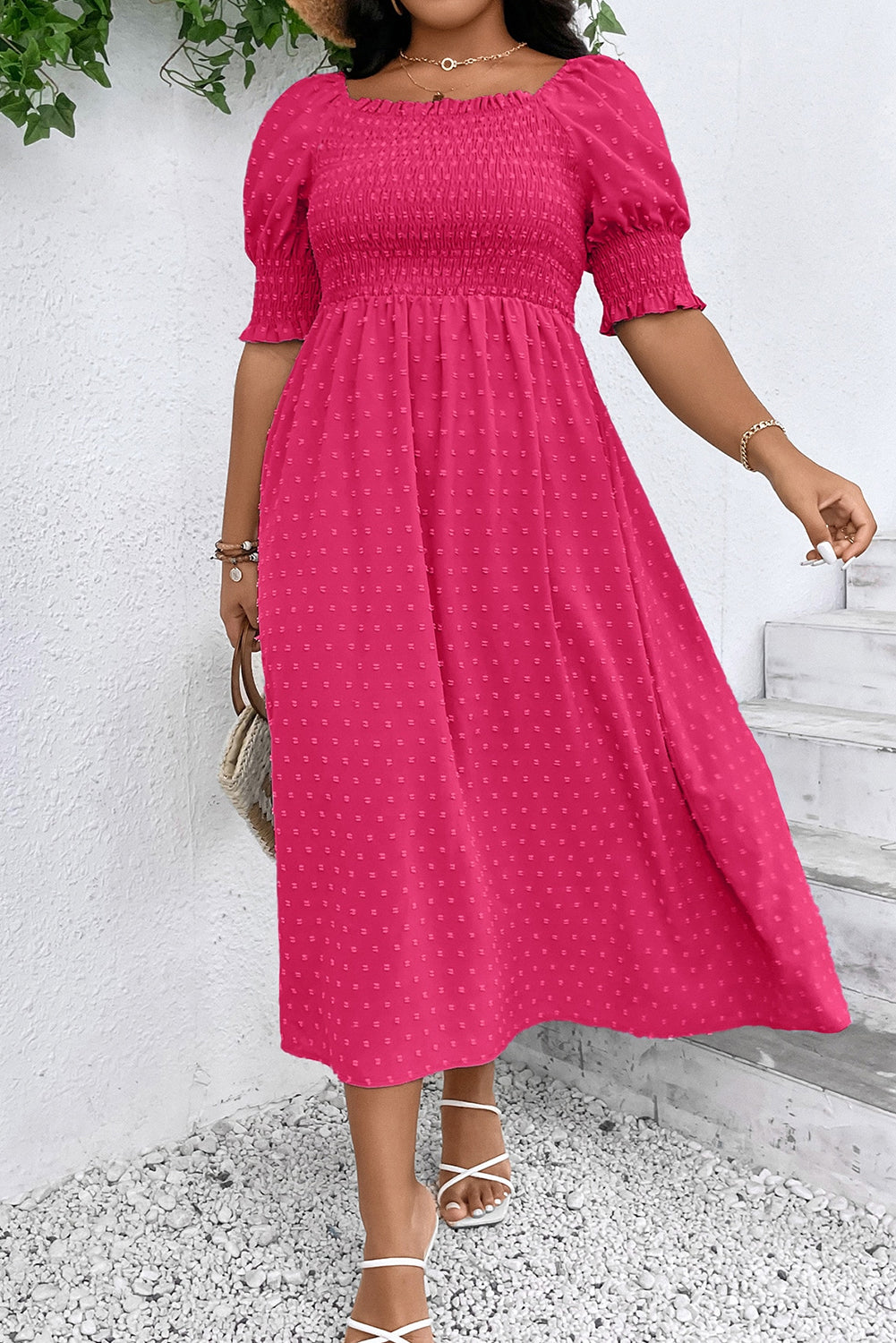 Wisteria Swiss Dot Smocked Frilled Neckline Short Sleeve Plus Size Dress
