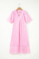 Pink Stripe V Neck Short Sleeve Shift Long Dress