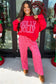 Pink Christmas Slogan Graphic Plaid Contrast Two-piece Pant Set