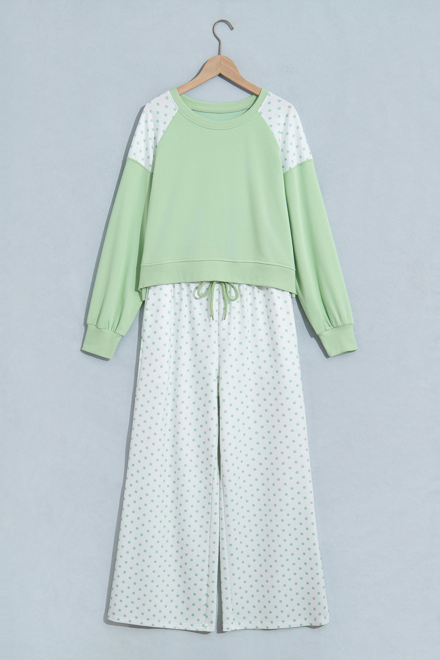 Pink Polka Dot Patchwork Colorblock Long Sleeve Casual Two Piece Pants Set