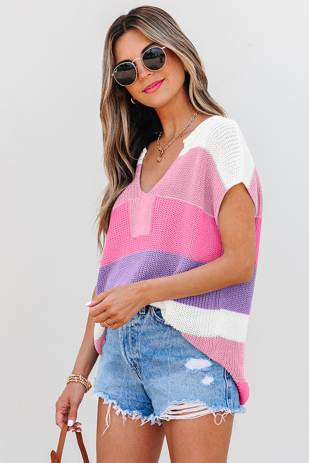 Light Blue Color Block Notch V Neck Sweater T Shirt