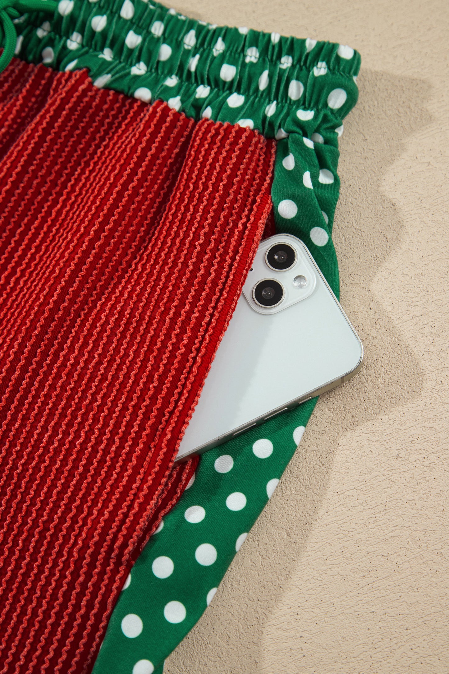 Red Cozy Ribbed Patchwork Polka Dot Trim Long Sleeve 2pcs Pant Set