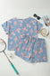 Sky Blue Floral Denim Short Sleeve Top Loose Shorts 2pcs Set