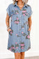 Sky Blue Denim Floral Print Cuffed Short Sleeve Button Down Shift Dress