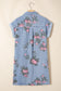 Sky Blue Denim Floral Print Cuffed Short Sleeve Button Down Shift Dress