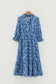 Brown Floral Printed Frilled V Neck Bracelet Sleeve Long Dress
