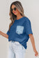 Sail Blue Color Block Chest Pocket Patched Casual Short Sleeve Top