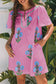 Rose Floral Short Sleeve Split Neck Loose Mini Dress