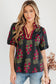 White Floral Short Bubble Sleeve Contrast Slit Neckline Blouse