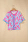 Rose Floral Print Ruffled Color Block Trim Half Sleeve Blouse