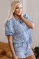 Blue Floral Striped Print Contrast Ric-rac Puff Sleeve Top