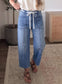 Beau Blue Solid Patchwork Grommet Tie Waist Loose Ankle-Length Jeans