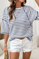 Pink Stripe Textured Knit Split Hem Half Sleeve Loose Top