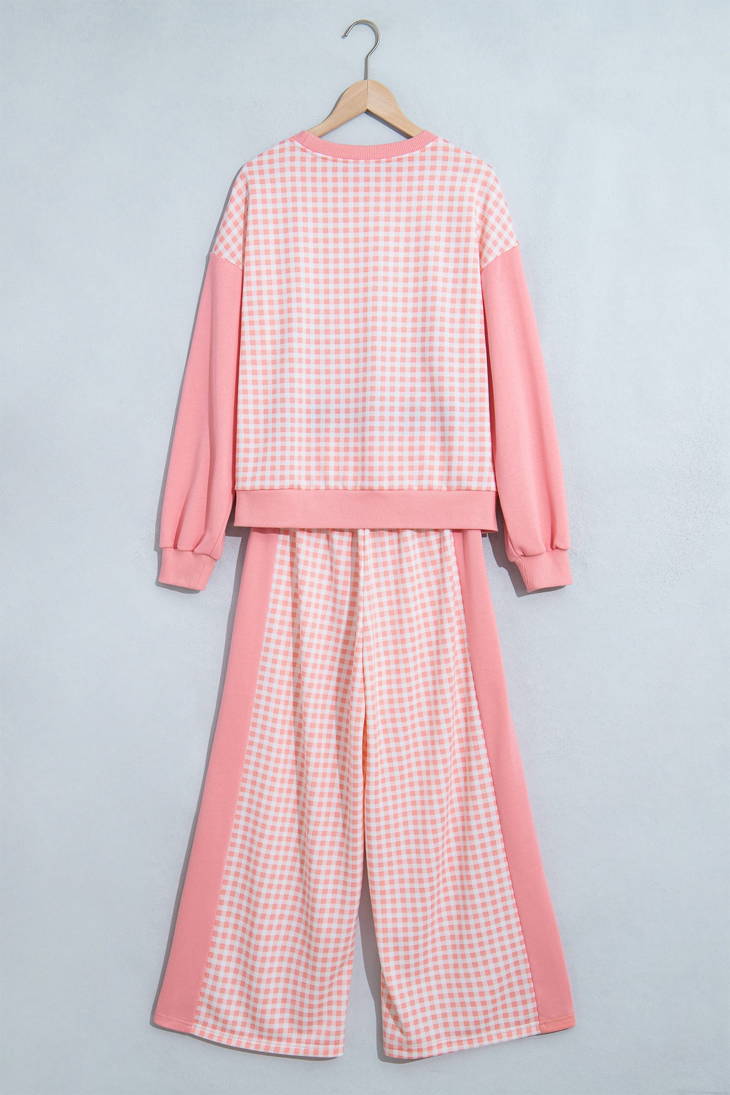 Red Color Block Plaid Patchwork Long Sleeve Pullover Wide Leg Pant Set