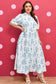 Sky Blue Plus Size Geometric Floral Print Button Split Neck Short Sleeve Maxi Dress